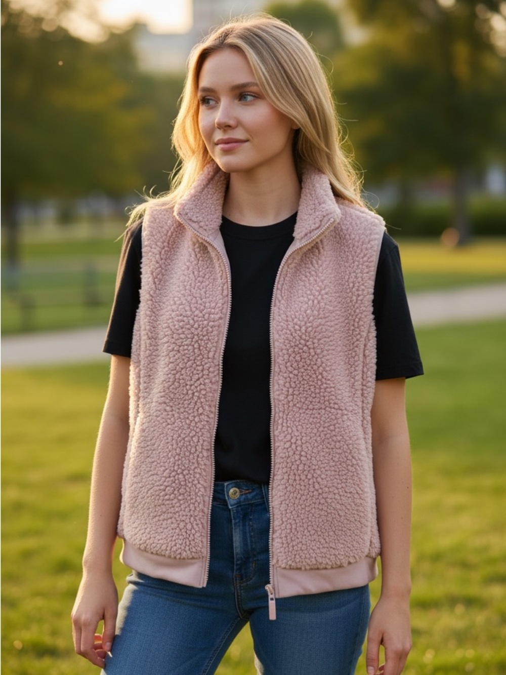 Time and Tru Blush Pink Sherpa Vest with Zip